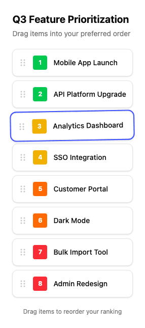 ForceRank drag-and-drop ranking interface showing items being reordered by dragging